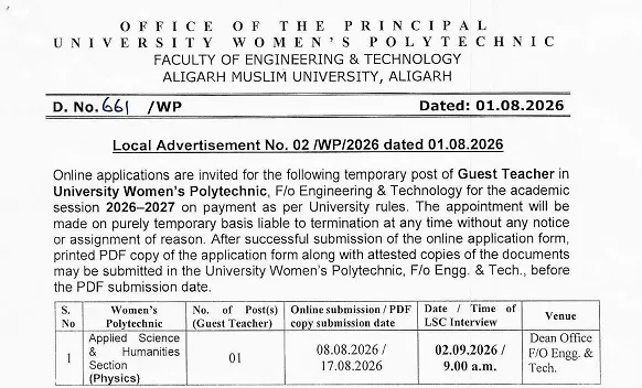 AMU Recruitment 2026: Guest Teacher in Physics