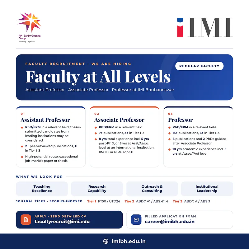 Faculty Recruitment 2026 at IMI Bhubaneswar – Assistant Professor, Associate Professor & Professor