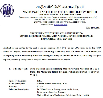Junior Research Fellow (JRF) Recruitment 2026 at NIT Delhi – ISRO RESPOND Project