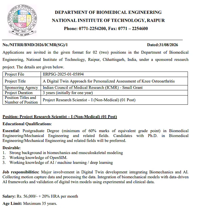 Project Research Scientist-I Recruitment 2026 at NIT Raipur – ICMR Sponsored Research Project