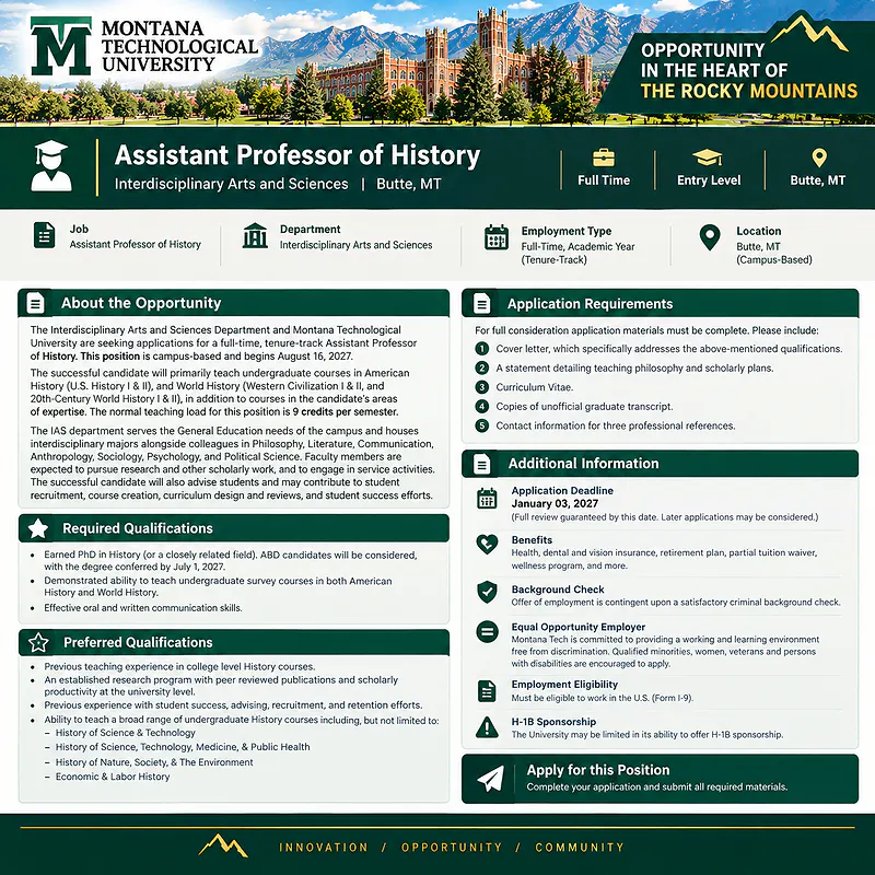 Assistant Professor of History – Montana Technological University