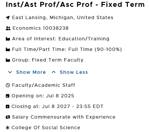 Fixed-Term Economics Faculty Recruitment in East Lansing