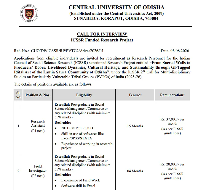 Central University of Odisha Recruitment 2026: Research Assistant and Field Investigator Posts