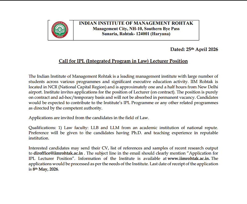 Lecturer Recruitment 2026 – IIM Rohtak (IPL Program in Law) 
