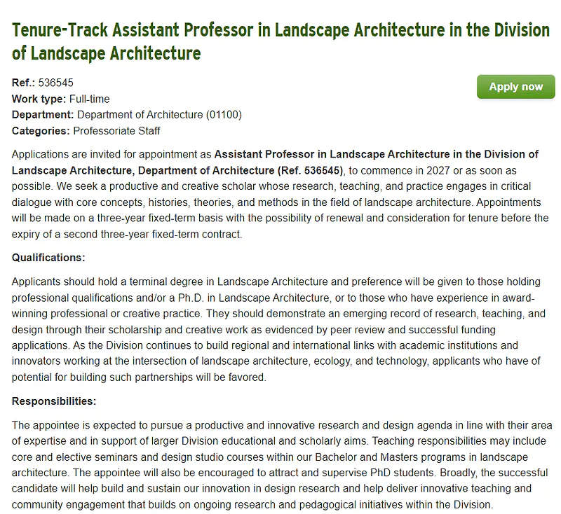 Tenure-Track Assistant Professor in Landscape Architecture | Department of Architecture Recruitment 2026