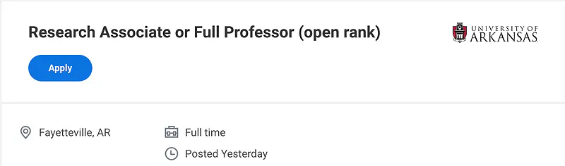 Research Associate Professor or Research Professor (Open Rank) – University of Arkansas, Fayetteville