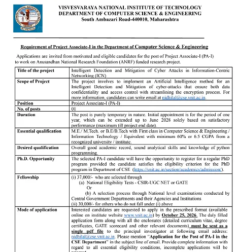 Project Associate-I Recruitment 2026 at VNIT Nagpur – Computer Science & Engineering
