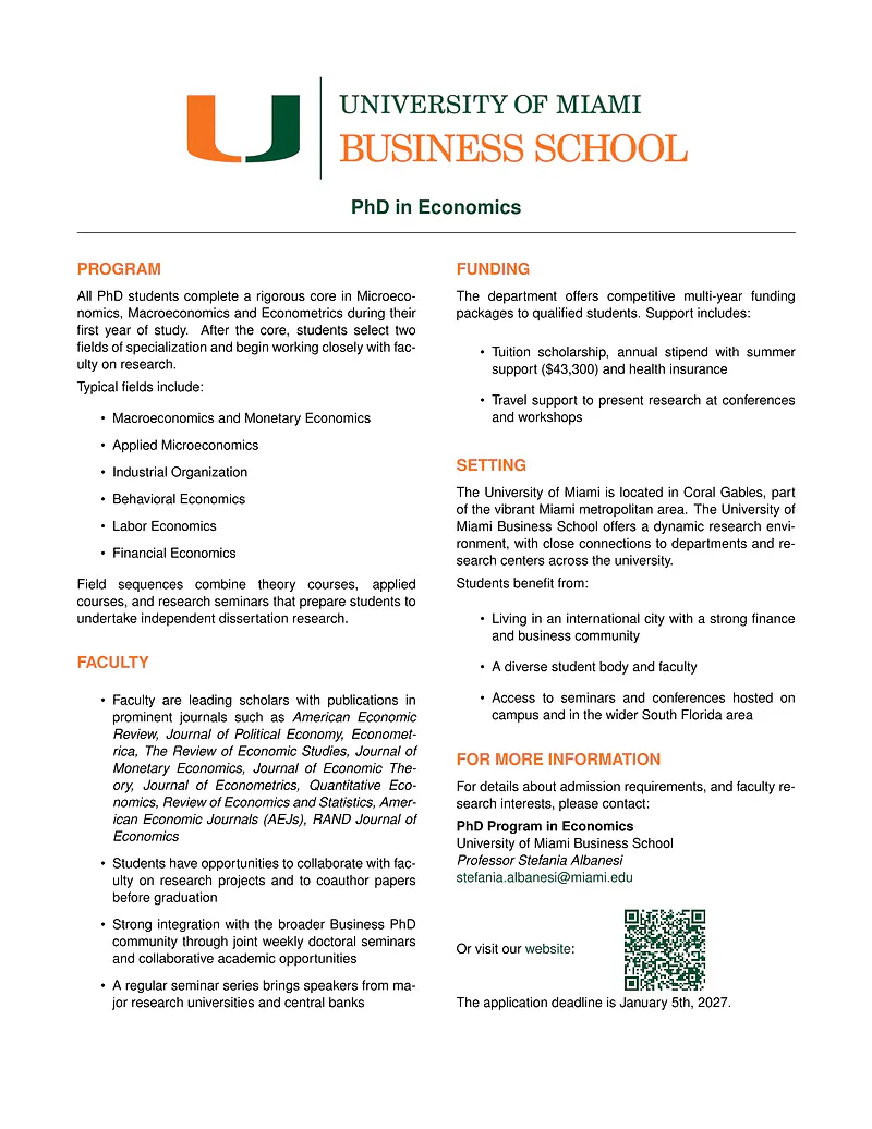 PhD Admission in Economics – University of Miami Business School