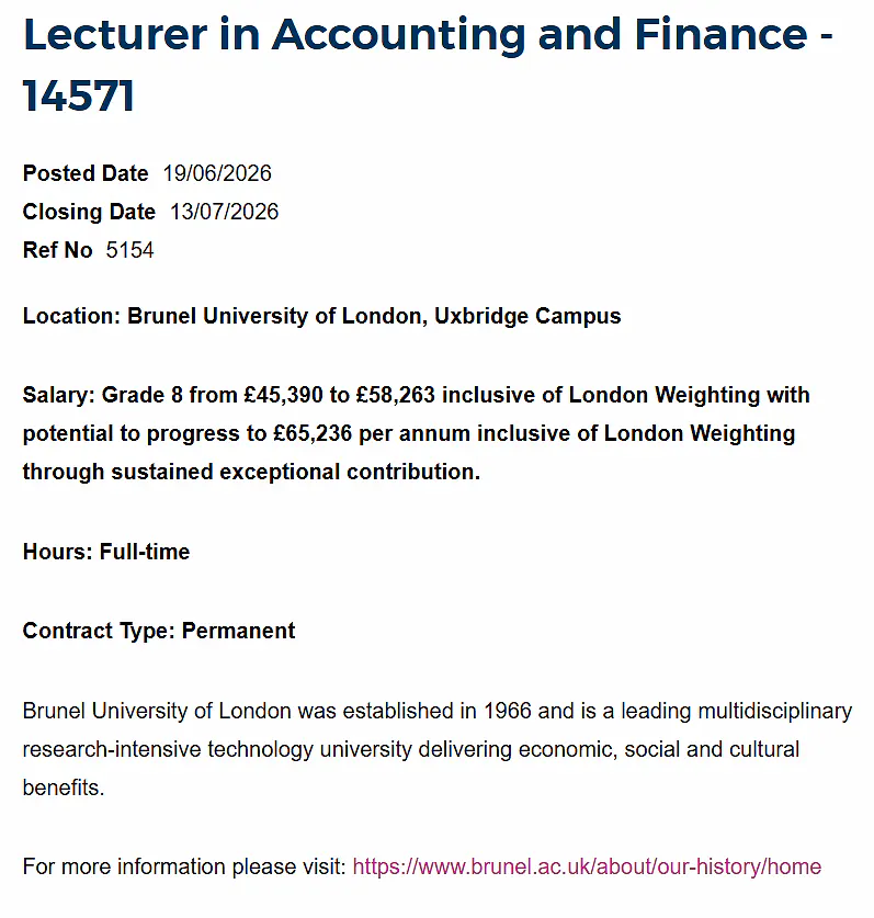 Lecturer in Accounting and Finance at Brunel University of London, UK