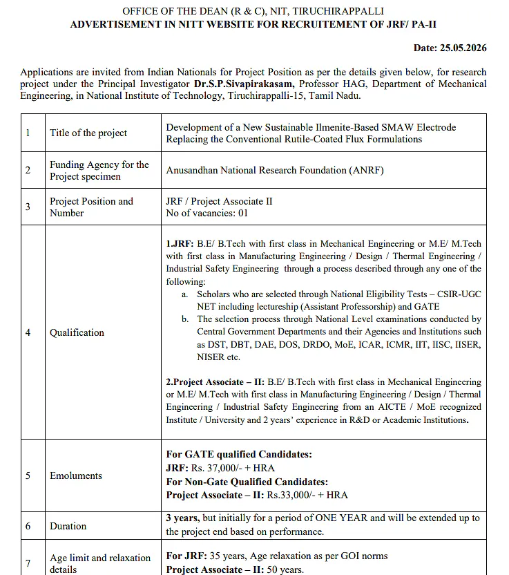  NIT Tiruchirappalli JRF / Project Associate-II Recruitment 2026