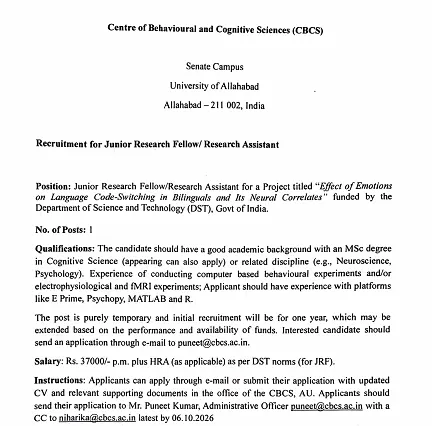 Junior Research Fellow / Research Assistant Recruitment 2026 – University of Allahabad