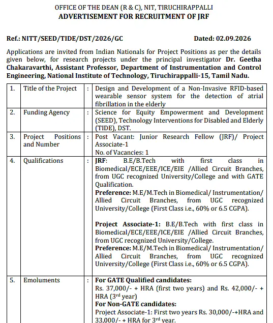 Junior Research Fellow / Project Associate-I Recruitment 2026 at NIT Tiruchirappalli – DST-SEED Sponsored Project