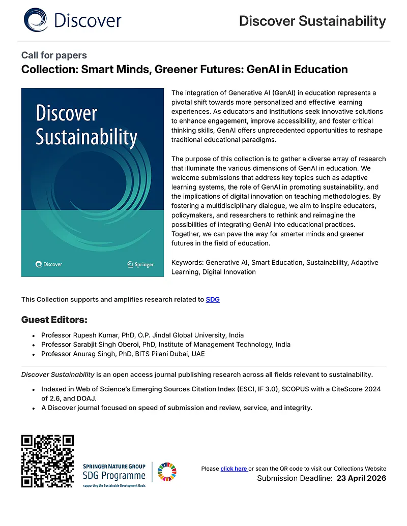 Call for Papers - Special Issue | Discover Sustainability Journal (Springer Nature) | Smart Minds, Greener Futures: GenAI in Education