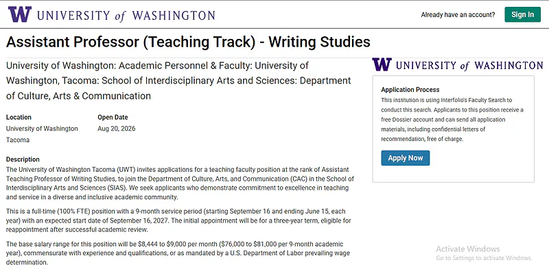  Assistant Professor (Teaching Track) – Writing Studies – University of Washington Tacoma