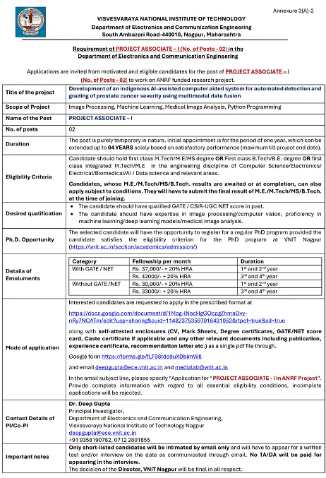 VNIT Nagpur Invites Applications for Project Associate-I under ANRF-Funded Research Project