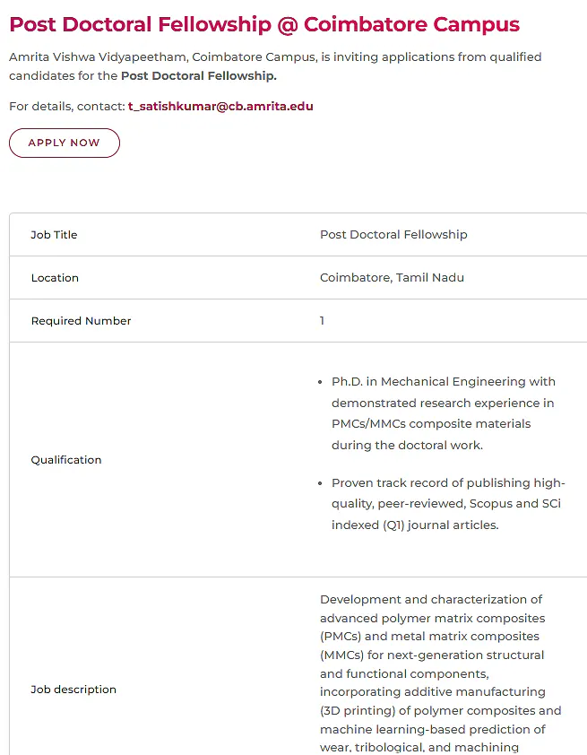 Post Doctoral Fellowship 2026 at Amrita Vishwa Vidyapeetham, Coimbatore