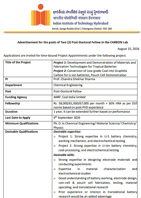 Post-Doctoral Fellow Recruitment 2026 at IIT Hyderabad – CARBON Lab Battery Research Projects