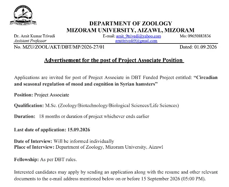 Project Associate Recruitment 2026 at Mizoram University – DBT Funded Research Project