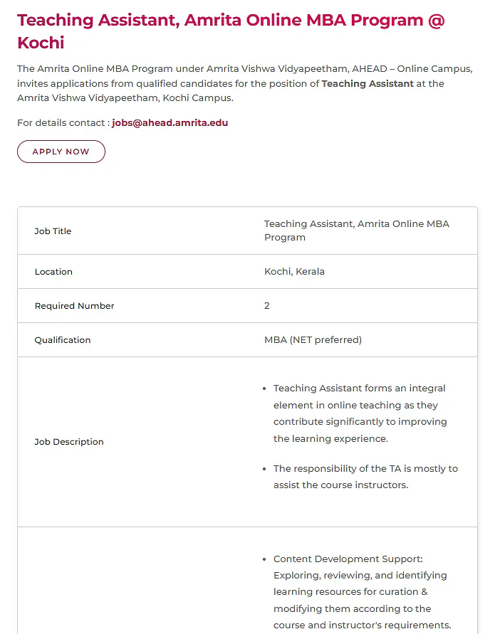 Amrita Vishwa Vidyapeetham Teaching Assistant Recruitment 2026