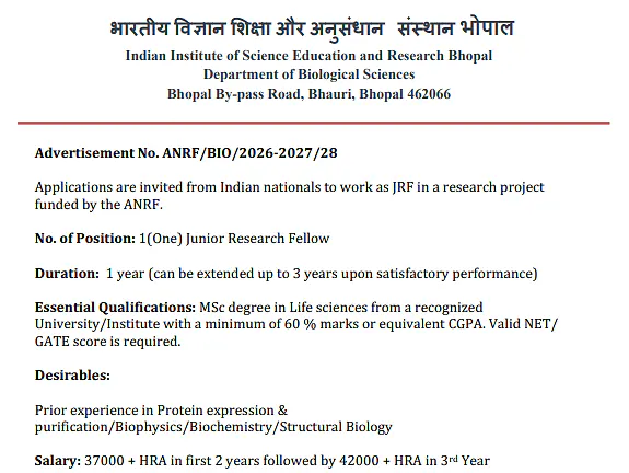IISER Bhopal Recruitment 2026