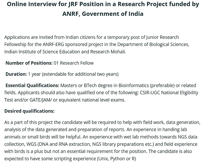 IISER Mohali Recruitment 2026: Junior Research Fellow (JRF) Vacancy under ANRF-ERG Funded Project