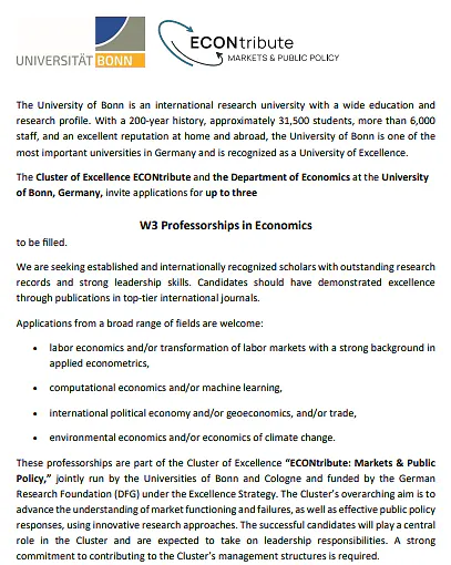 University of Bonn Recruitment 2026: W3 Professorships in Economics