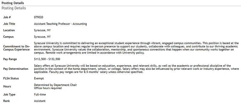 Assistant Teaching Professor – Accounting – Syracuse University