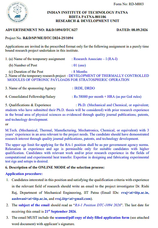 Research Associate-I (RA-I) Recruitment 2026 at IIT Patna – Apply via Email