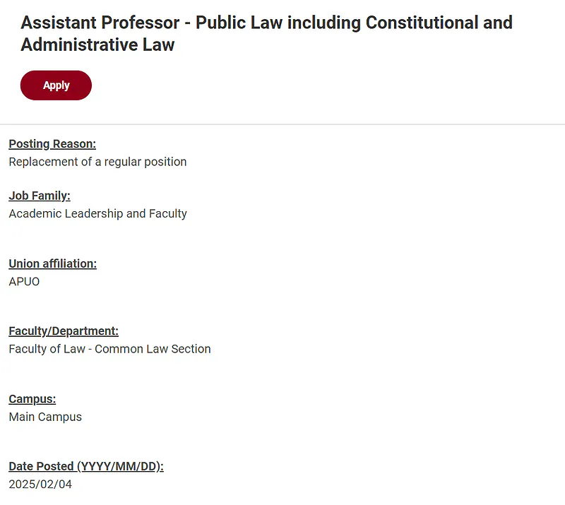University of Ottawa Faculty Recruitment 2026 in Public Law