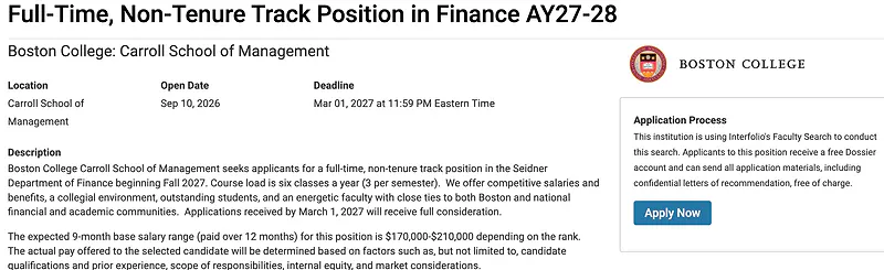Full-Time, Non-Tenure Track Position in Finance AY27-28 – Boston College