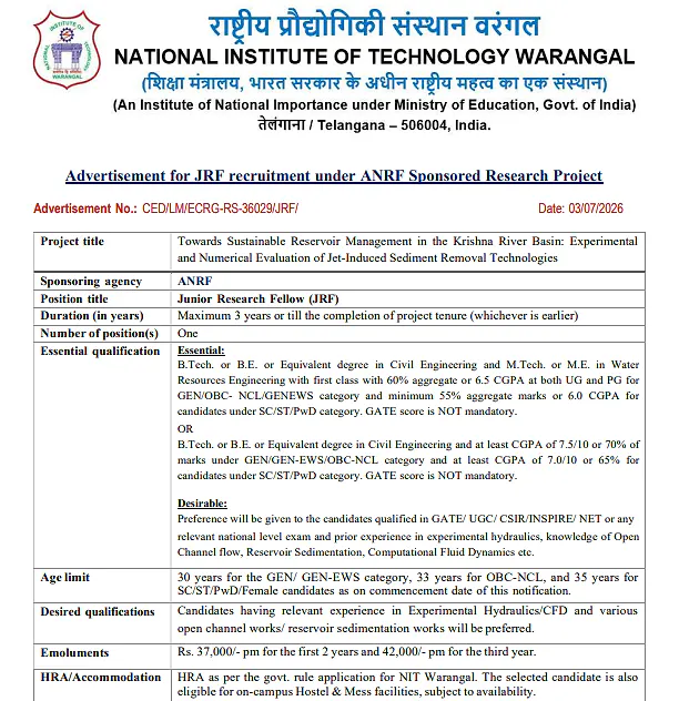 NIT Warangal JRF Recruitment 2026: ANRF Project in Water Resources Engineering | 
