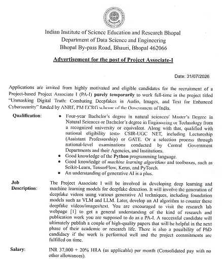 IISER Bhopal Project Associate-I Recruitment 2026