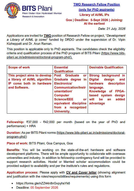 Research Fellow Recruitment 2026 at BITS Pilani Goa – DRDO-Funded AI/ML IP Cores Project