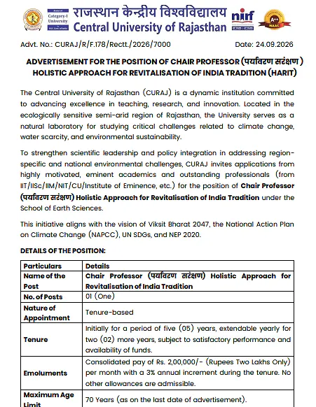 Chair Professor Recruitment 2026 – Central University of Rajasthan