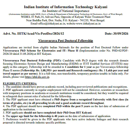Visvesvaraya Post Doctoral Fellowship 2026 at IIIT Kalyani – Electronics & IT