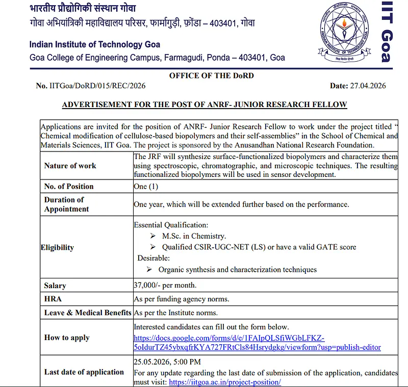 ANRF JRF Recruitment 2026 – IIT Goa