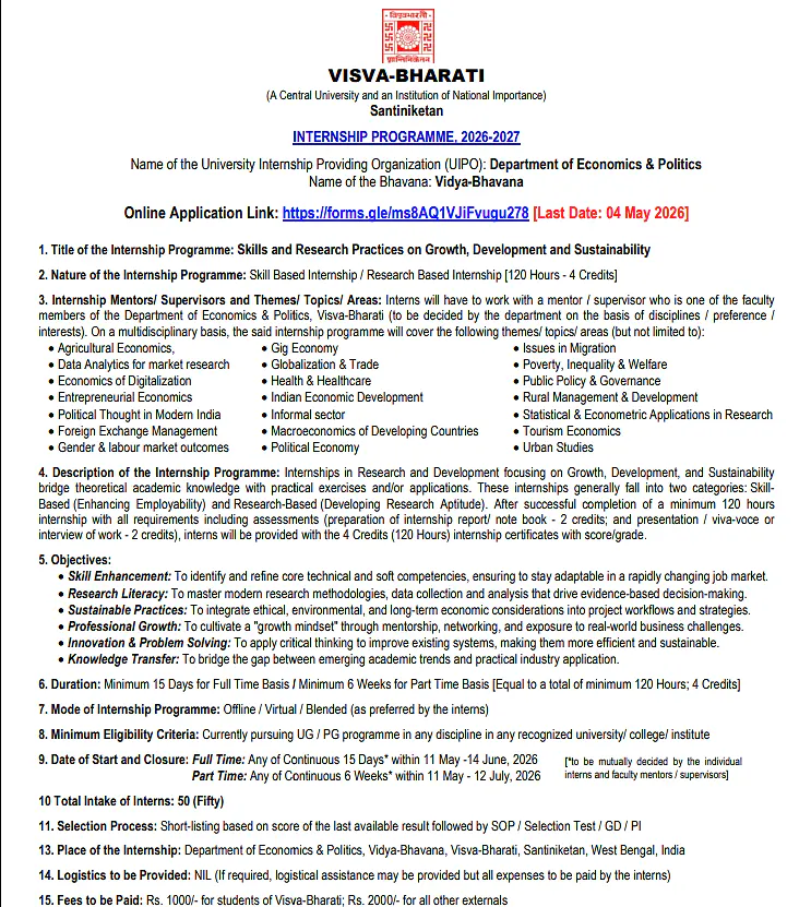 Internship Programme 2026–27 – Visva-Bharati