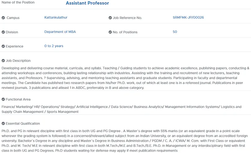 Assistant Professor Recruitment 2026 at SRM Institute of Science and Technology – Department of MBA