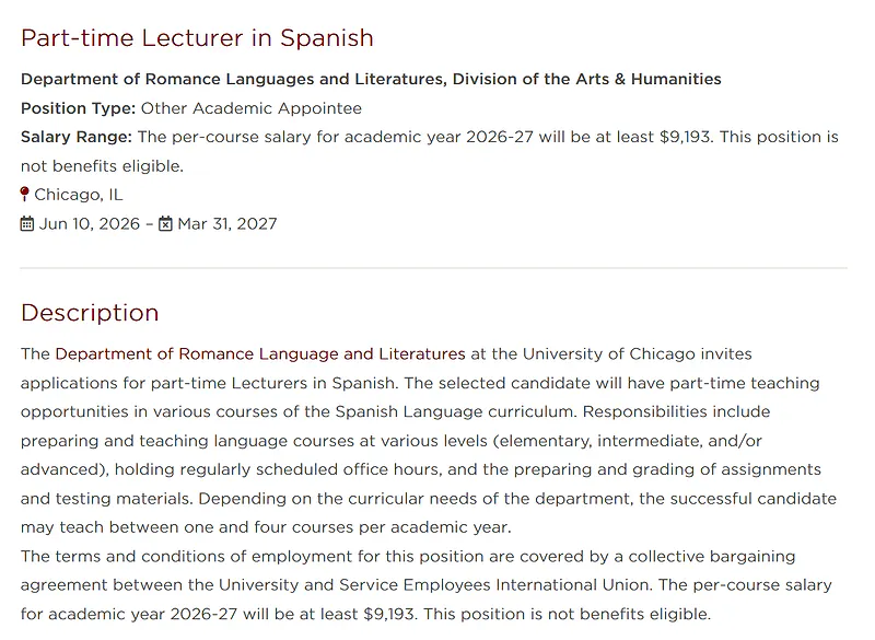 University of Chicago Recruitment 2026: Part-time Lecturer in Spanish