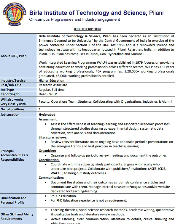 Research Associate Recruitment 2026 at BITS Pilani – Education Research, WILP