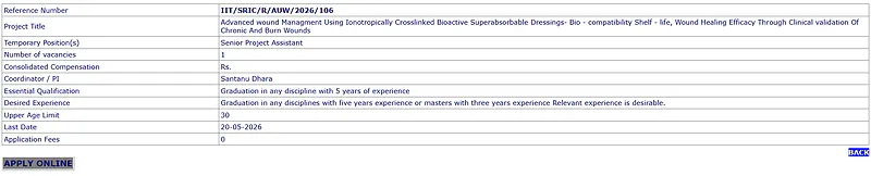 IIT Kharagpur Recruitment 2026  - Senior Project Assistant Post