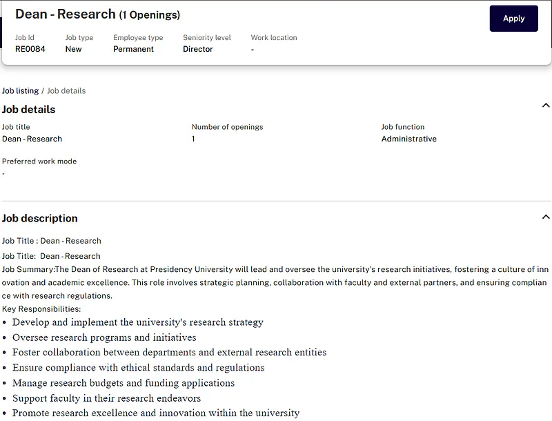 Presidency University Recruitment for Dean – Research