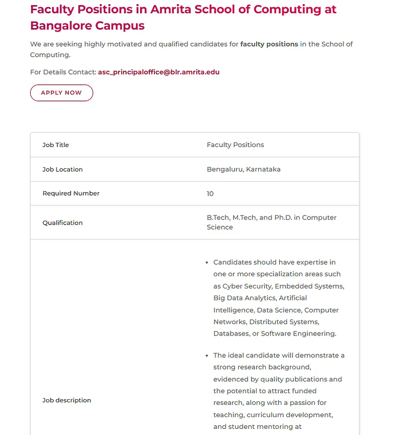Faculty Recruitment 2026 | Amrita School of Computing, Bengaluru Campus