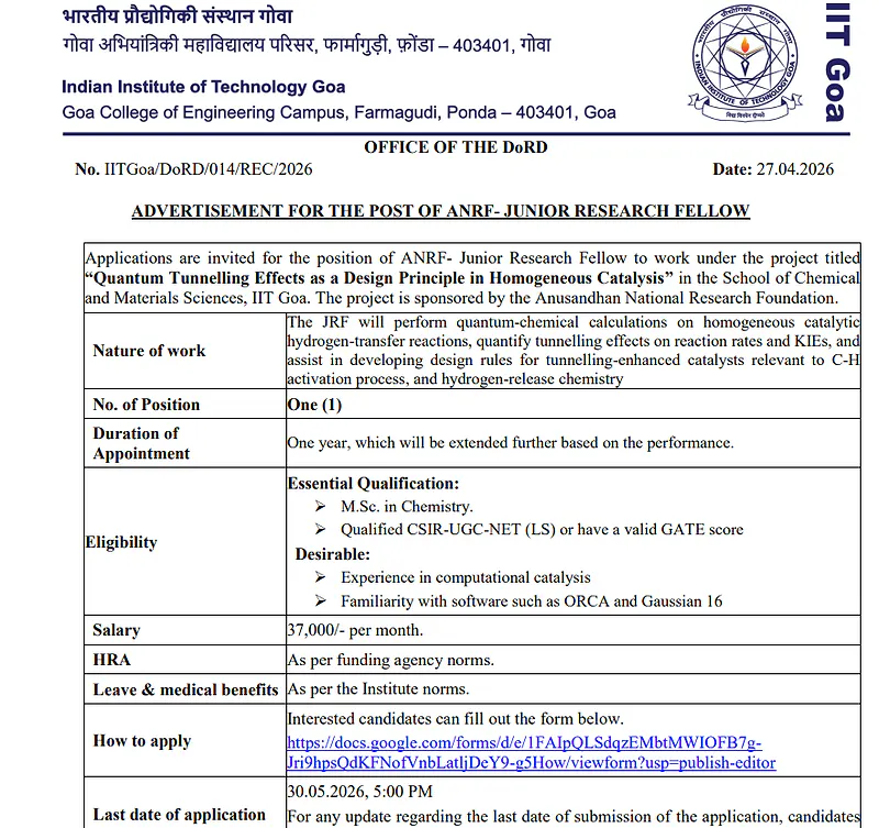 ANRF Junior Research Fellow (JRF) Recruitment 2026 – IIT Goa