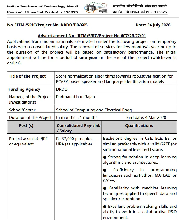 IIT Mandi Project Associate/JRF Recruitment 2026