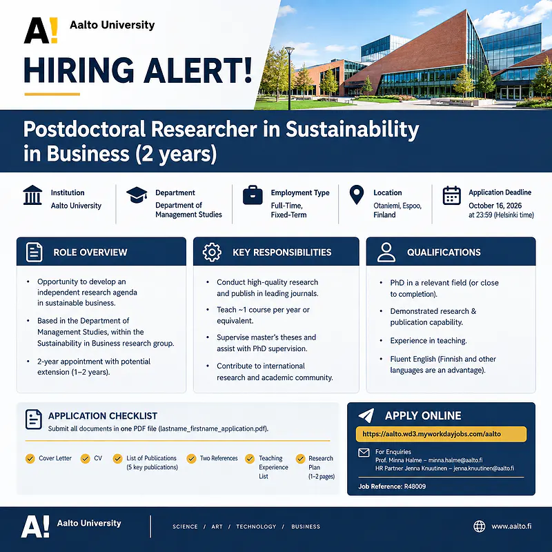 Postdoctoral Researcher in Sustainability in Business (2 years) – Aalto University