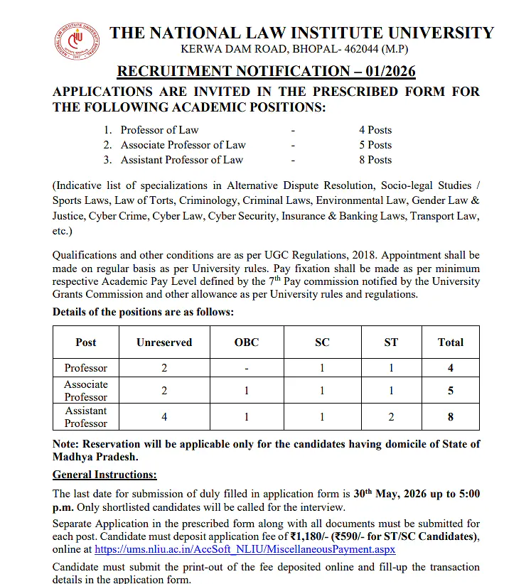 Recruitment Notification 01/2026: Academic Faculty Positions at NLIU, Bhopal
