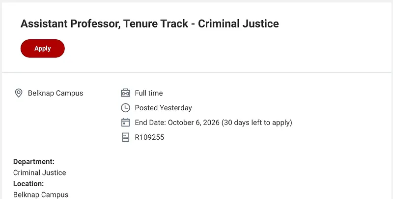 Assistant Professor, Tenure Track – Criminal Justice – University of Louisville