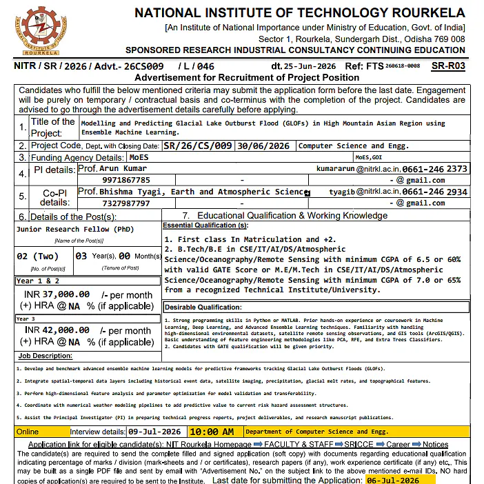 NIT Rourkela Recruitment 2026 | Junior Research Fellow (PhD) under MoES-Funded Project