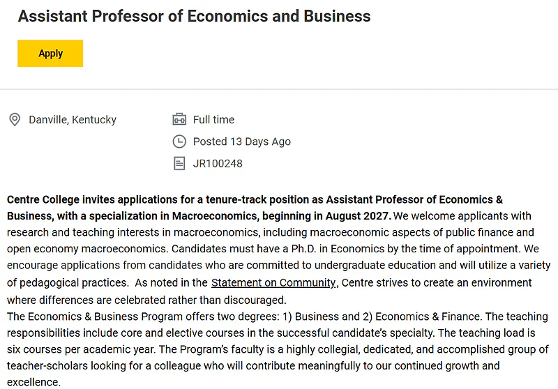 Assistant Professor of Economics and Business – Centre College